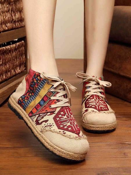 

china pequim pano de palha estilo tnico das mulheres artesanal algodo cnhamo apartamentos impresso rendas at sapatos, Black