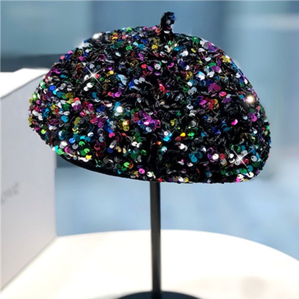 

new sequin beret women's spring fashion trend in europe and america elegant temperament octagonal painter hat cap hat, Blue;gray