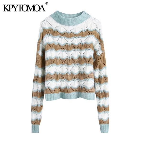 

women fashion hollow out cropped knitted sweater vintage o neck long sleeve female pullovers chic 210420, White;black