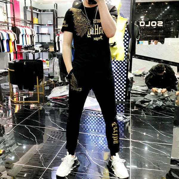 

w0799 men's new wing drilling short sleeve t-shirt set, Gray