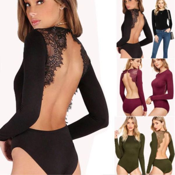 

women's jumpsuits & rompers women lady bodysuit backless long sleeve full floral lace plus size leotard, Black;white
