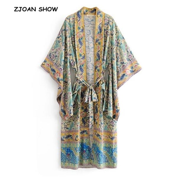 Mulheres Bohemian V Neck Pteris Flor Impressão Kimono Camiseta Feriado Beach Beach Laço Laço Sashes Maxi Long Cardigan Blouse Tops 210429
