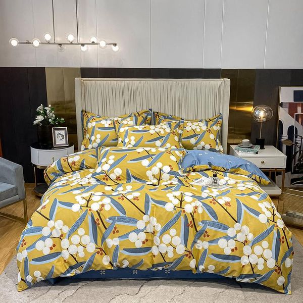 

bedding sets yellow loquat fruits palm leaves duvet cover set cotton  king size bedlinens flat sheet pillow cases