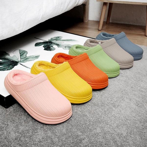 

slippers lovers plush home floor slides female male kitchen work 2021 women waterproof house warm winter indoor shoes, Black