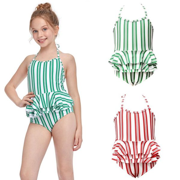 

striped print girls ruffles swimsuit one piece beachwear bathing suit swimwear swimsuits for a teenager bikinis one-pieces, Black