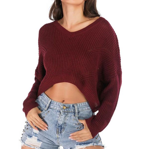 

women's sweaters autumn winter women pullovers irregular long sleeve casual crop sweater slim solid knitted v-neck sweter mujer e55, White;black