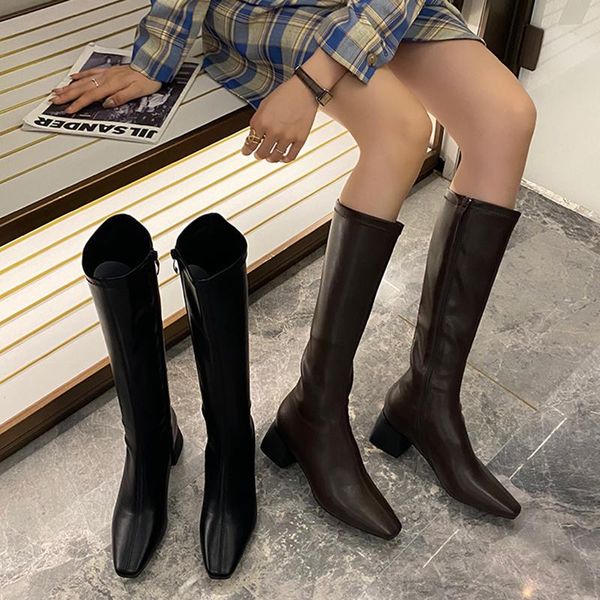 

boots 2021 ins elegant women 5cm thick high heels thigh winter square toe knee western riding party shoes, Black