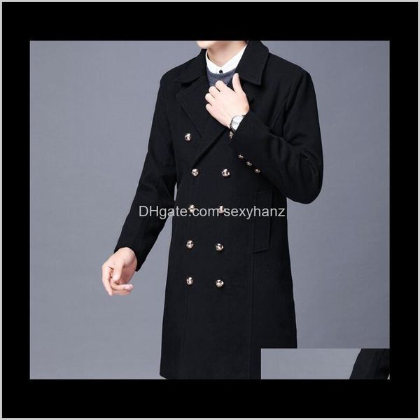 

wool blends outerwear & clothing apparel drop delivery 2021 double breasted woolen men trench coats long sleeves overcoat mens cashmere coat, Black