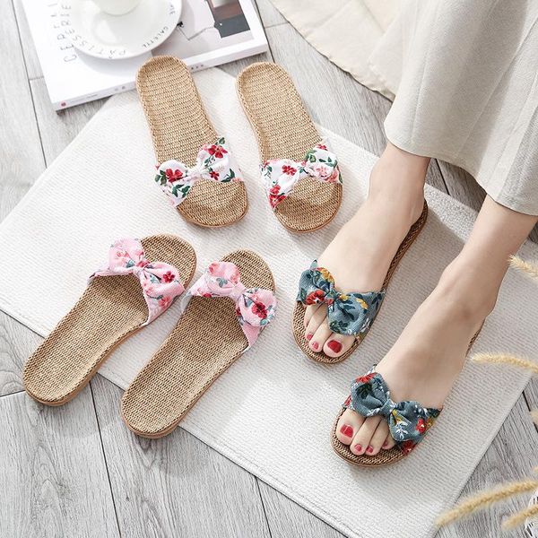 

slippers suihyung women 2021 summer ladies casual slides floral bow flat sandals female indoor flax linen flip flop, Black