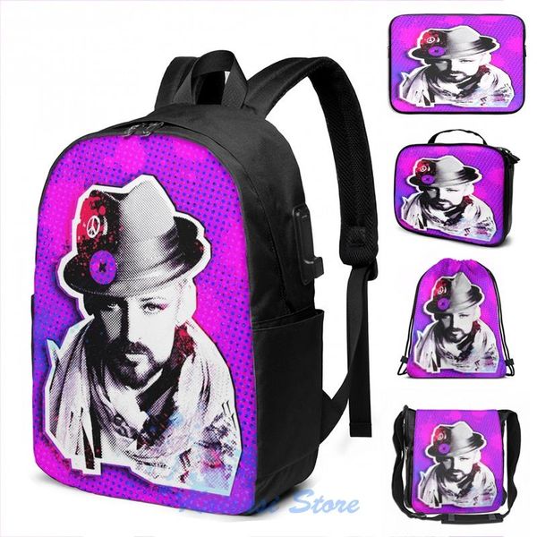 

backpack funny graphic print boy george paint splatter usb charge men school bags women cosmetic bag travel laptop