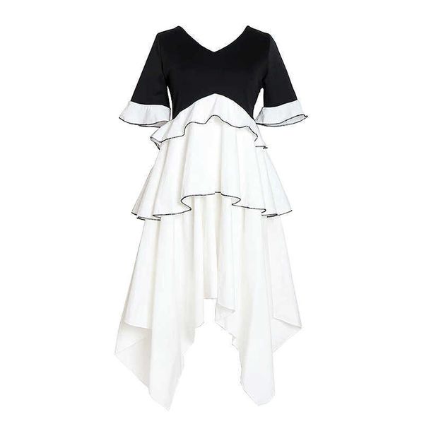 

perhaps u black white v neck short sleeve patchwork cascading ruffle fit and flare dress summer empire d0491 210529, Black;gray