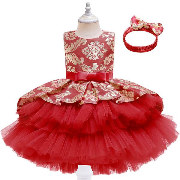 

girls dresses children dress princess birthday baby kids clothes party evening gown wedding pettiskirt lace bows headbands 2pcs b9027, Red;yellow