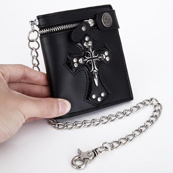 

wallets wallet men 2021 fashion personality solid soft skull cross anti-theft chain coin purse rivet for male, Red;black