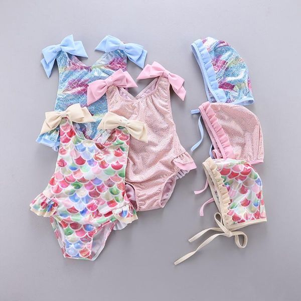 

two-piece suits kids girls summer monokini swimsuit with swim cap set rainbow fish scales printed swimwear sleeveless bow strap ruffles prin