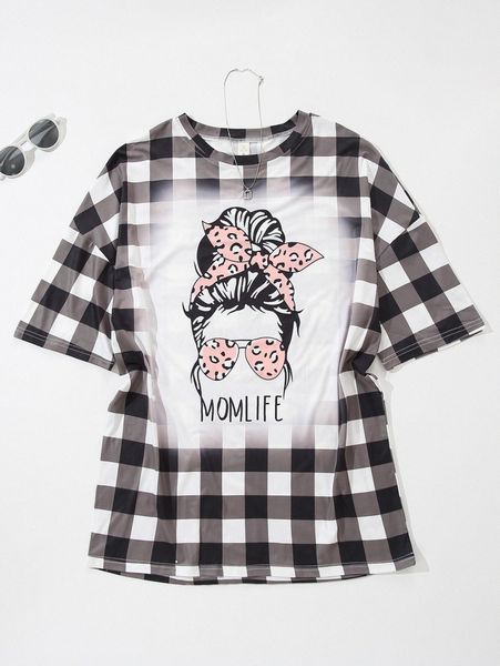 

1pc buffalo plaid & figure graphic tee k7qf#, White