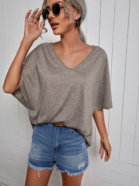 

solid batwing sleeve v-neck tee u5rb#, White