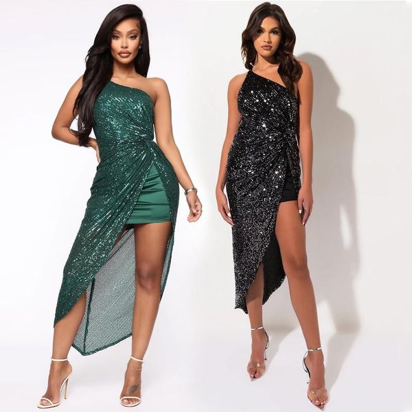

summer sequinned glitter dress for women party asymmetrical hem formal dresses 2021 ladies off-shoulder bodycon mujer casual, Black;gray