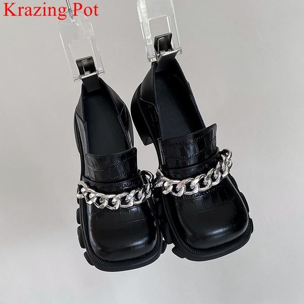 

dress shoes krazing pot fashion size 40 cow leather round toe high heels slip on chain platform loafers concise casual wedding women pumps, Black