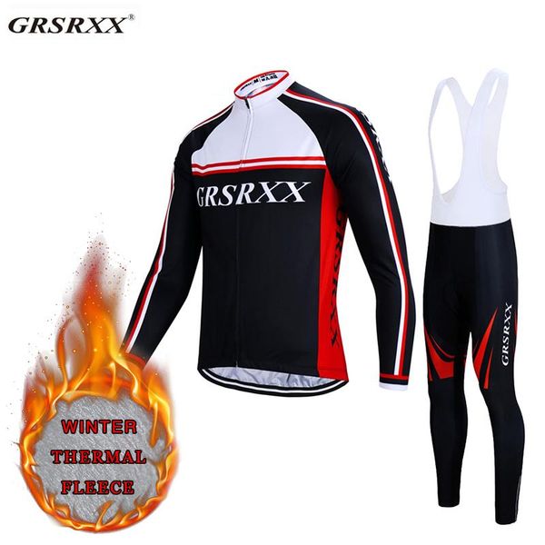 

racing sets grsrxx winter fleece cycling jersey set bicycle team keep warm bike clothes bib pants men's long sleeve sportswear, Black;blue