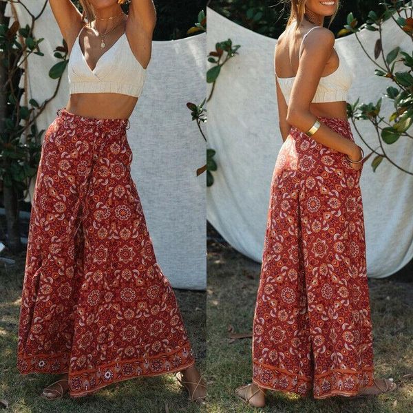 

women's pants & capris female boho floral pattern trousers elastic high waist loose wide legs long women summer hippie, Black;white