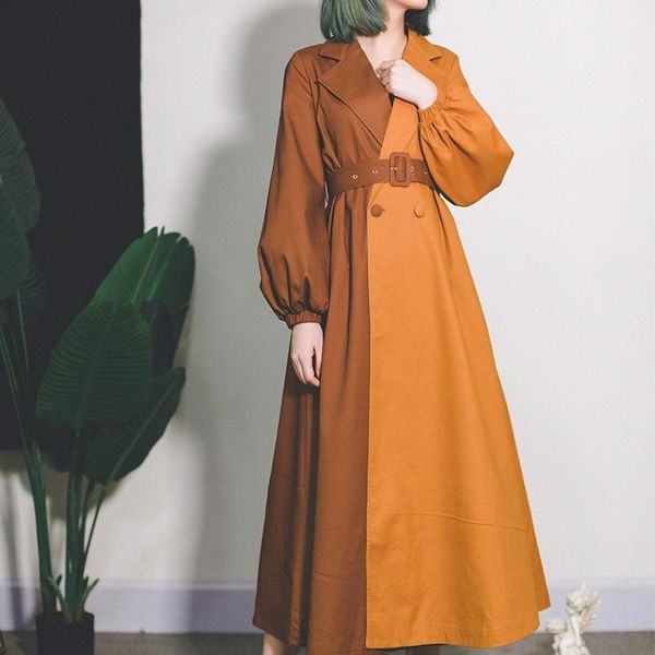 

women's trench coats 2021 arrival vintage full long belt skirt solid, Tan;black