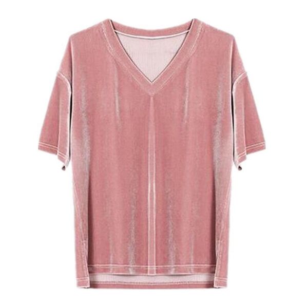 

plus size t-shirt 2021 autumn fashion female shirt slim gold velvet v-neck short sleeves women velour shirts l-7xl, Black