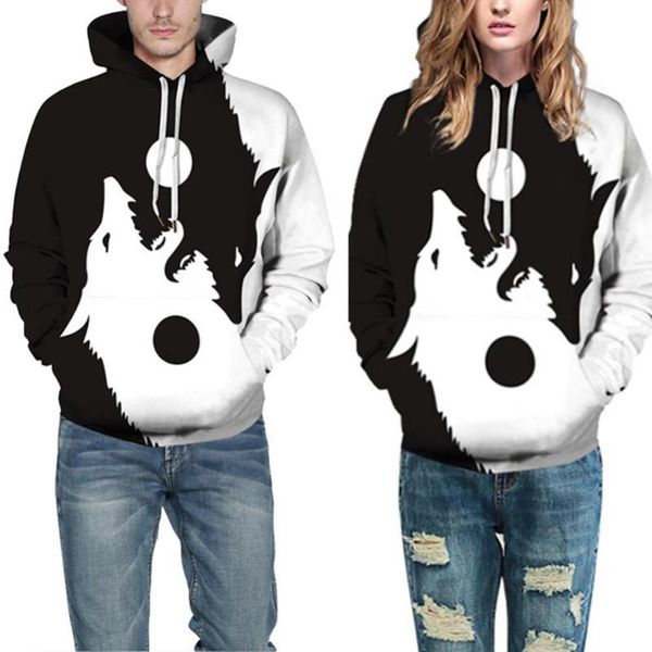 

men's hoodies & sweatshirts fashion long sleeve letters yin yang wolf print blouse hoodie sweatshirt, Black