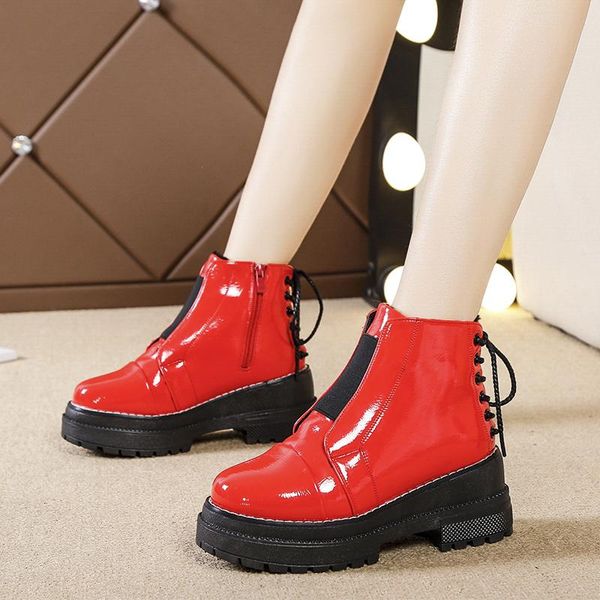

boots women female british wind autumn wild handsome black thick patent leather motorcycle short tide