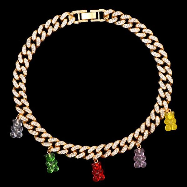 

chains candy gummy bear cuba bling rhinestone choker necklace for women golden punk cuban thick chain hip hop party jewelry, Silver
