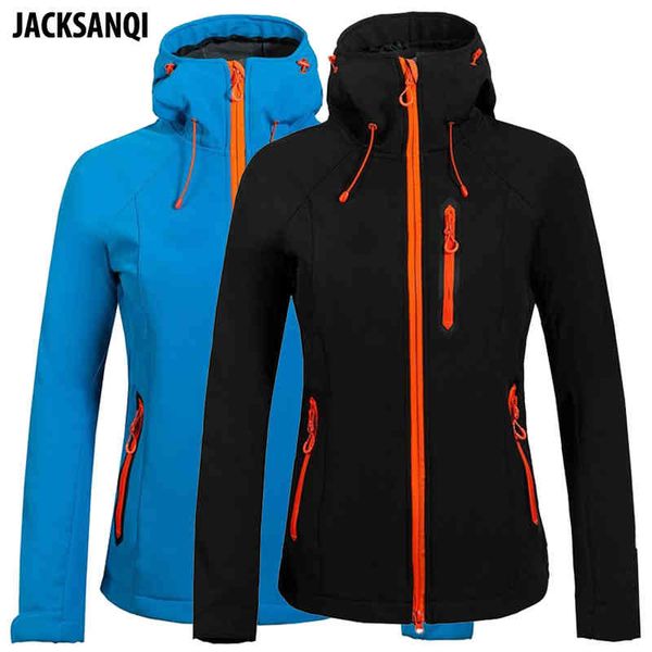 

jacksanqi women's hiking softshell fleece jackets outdoor sports windproof climbing camping trekking running female coats ra378, Blue;black