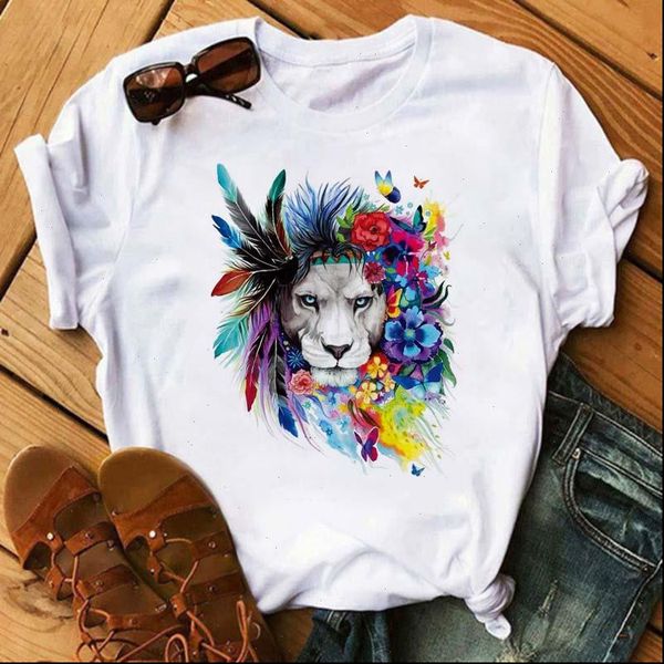 

maycaur fashion wolf tiger lion women t shirt feather white harajuku graphic casual animal streetwear