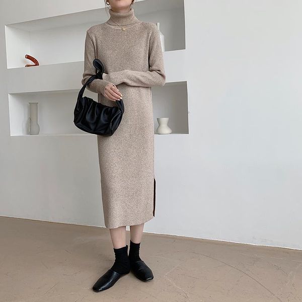 

casual dresses one-piece women clothing fall winter female fashion knitting pit strip turtleneck sweater dress ladies loose lazy outfits, Black;gray