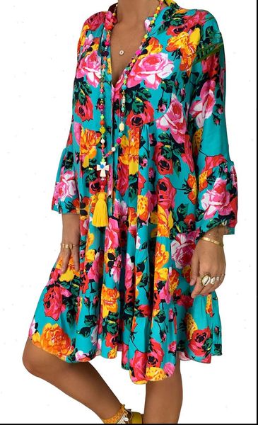 

s womens dresses 5xl fashion printed plus size women summer long sleeve button loose mini dress big swing boho, Black;gray