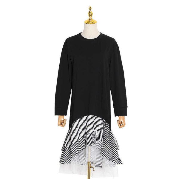 

luxury evening dress color contrast stripe women's round neck sleeve splicing mh irregular hem long skirt, Black;gray