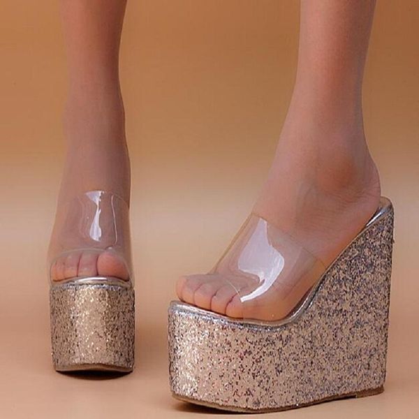 

women summer transparent bling wedges open the toe shoes platform cutout pure colour comfortable slippers, Black