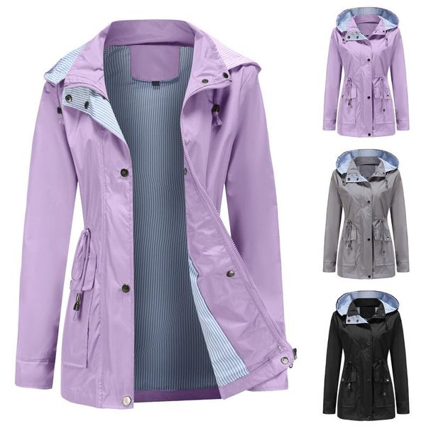 

women's trench coats 2021 fashion jacket autumn winter windbreaker waterproof removable hood outdoor walking sports plus size, Tan;black