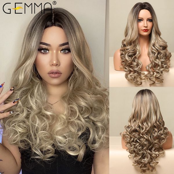 

long loose wave synthetic wigs ombre brown champagne blonde wig for women heat resistant middle part cosplay fake hair, Black