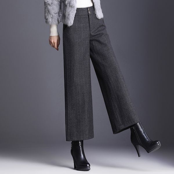 

women's woollen broad legged pants women's autumn winter high waist nine point straight loose thin woolen plaid 668i 210420, Black;white