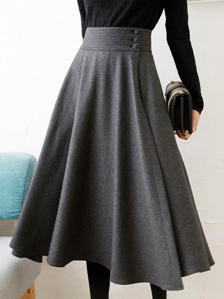

wool large swing a line skirt woolen thickened and versatile over the knee mid length high waist winter women skirts, Black