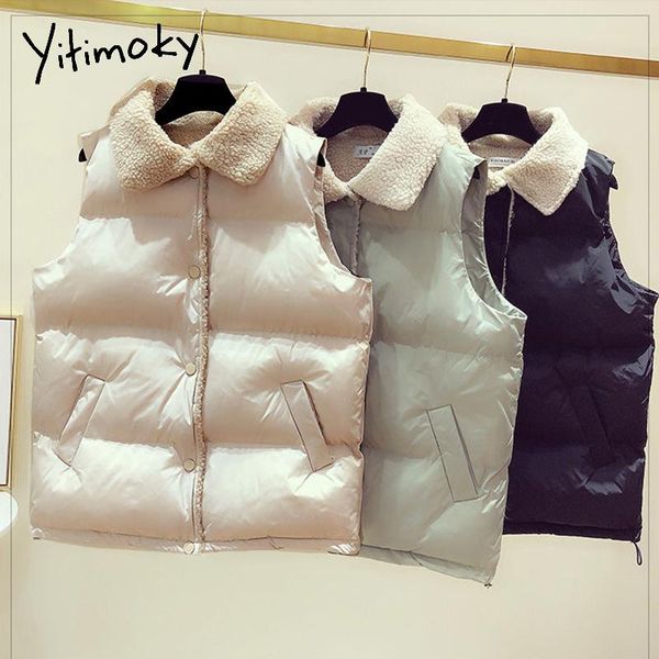 

women's vests yitimoky women jacket vest sleeveless coats lambswool flocking warm winter waistcoat clothing turn-down collar female fas, Black;white