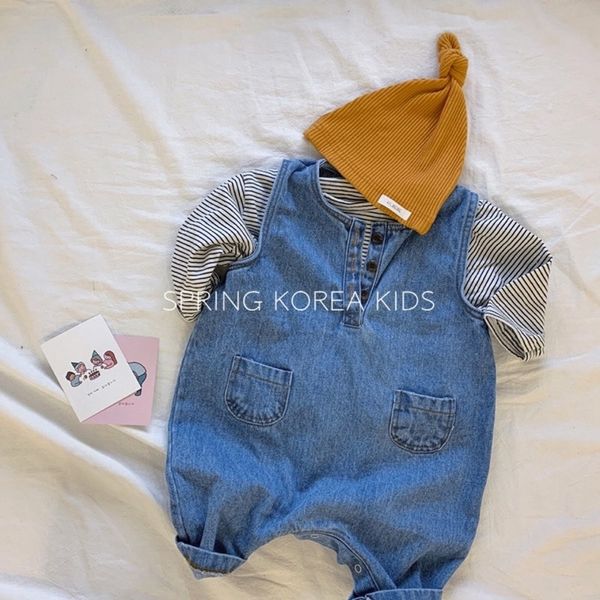 

baby denim creeping suit baby clothes boy's strap jumpsuit, Blue;red