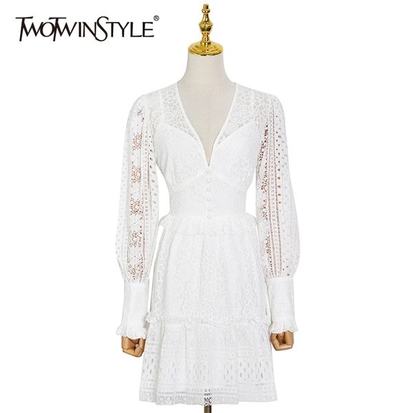 

white lace elegant dress for women v neck long sleeve high waist hollow out midi dresses female fashion clothes 210520, Black;gray