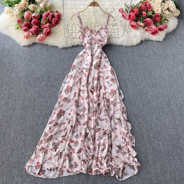 

casual dresses ftlzz summer women spaghetti strap floral print dress ruffled chiffon long beach fairy, Black;gray