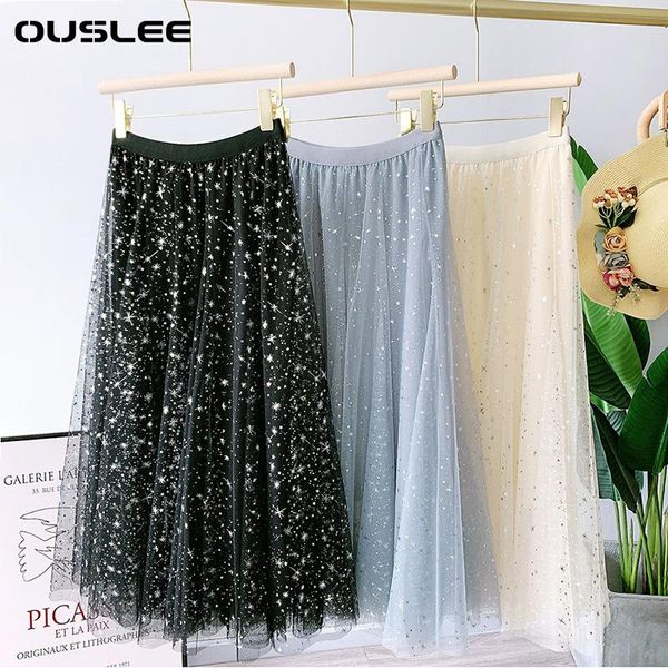

skirts ouslee elastic waist long tulle skirt women 2021 summer fashion stars sequined mesh tutu vestidos mujer, Black