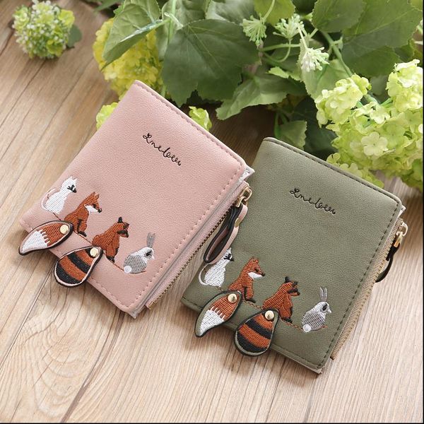

womens wallet lovely cartoon animals short leather female small coin purse hasp zipper kid card holder for girls, Red;black