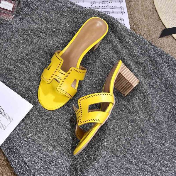 

yellow thick heel h slippers for women outer wear with middle, Black