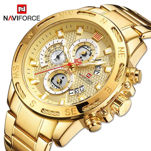 

naviforce luxury brand mens sport watches gold full steel quartz watch men date week waterproof military clock relogio masculino 210728, Slivery;brown