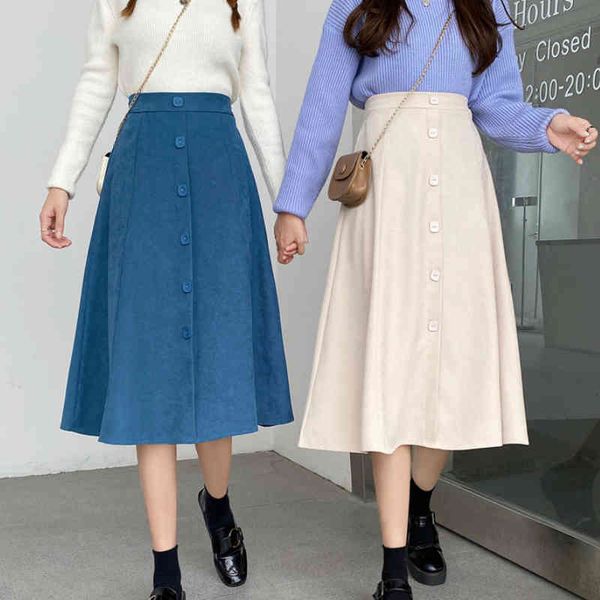 

skirts autumn winter single-breasted buttons a-line veet pleated long elastic waist blend thick swing mid-calf 6nmu, Black