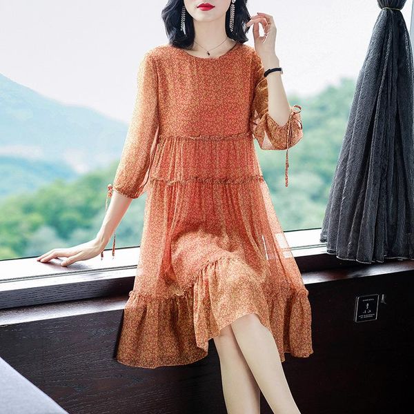 

spring women's loose large silk dress size printed 81120 casual dresses, Black;gray