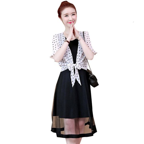 

two piece dress large size clothes women loose fashion shawl + sleeveless midi two-piece set summer mesh vestido f937 80vk, White